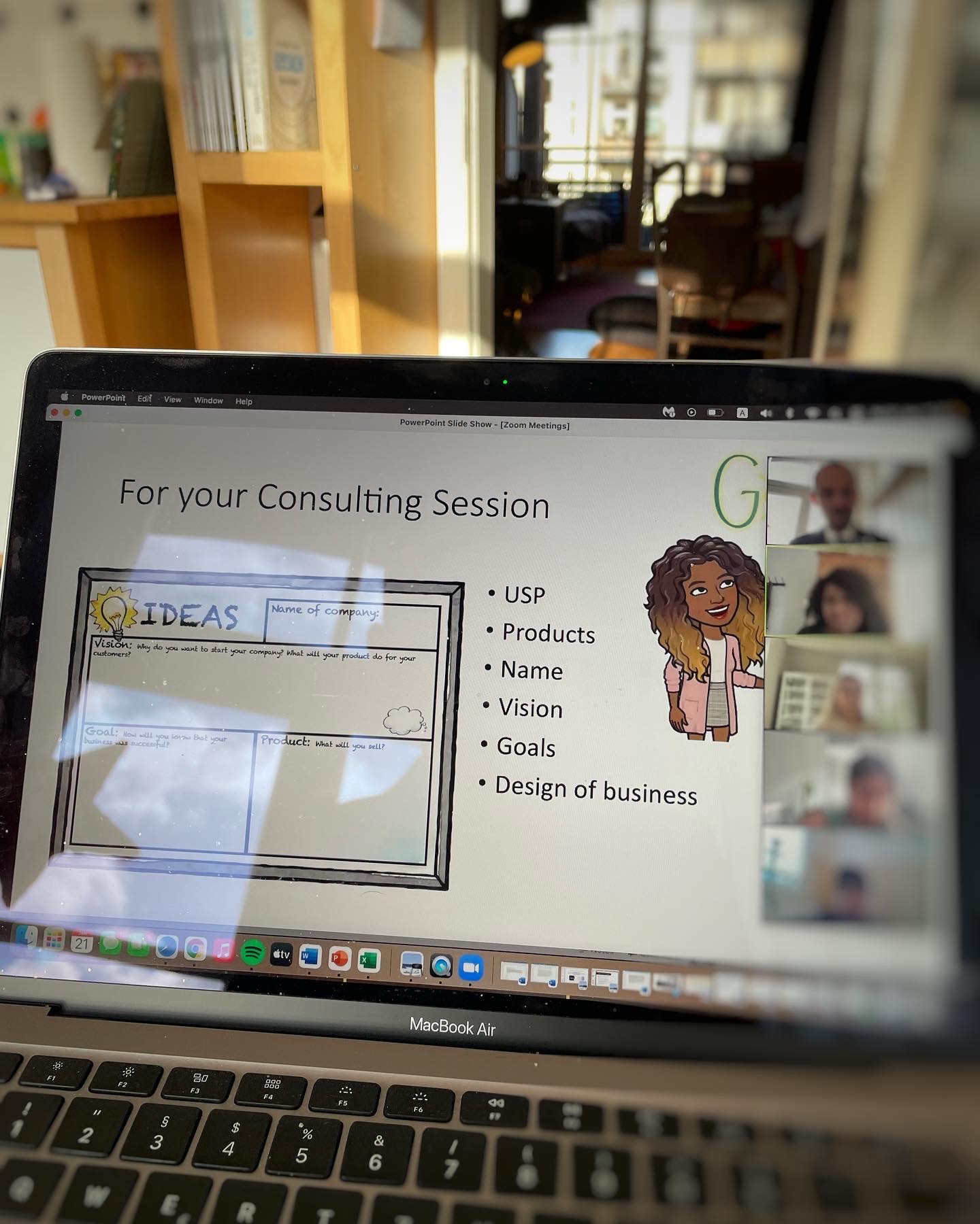 A computer screen showing a virtual consulting session between a business expert and students, with a slide summarizing key business plan components.