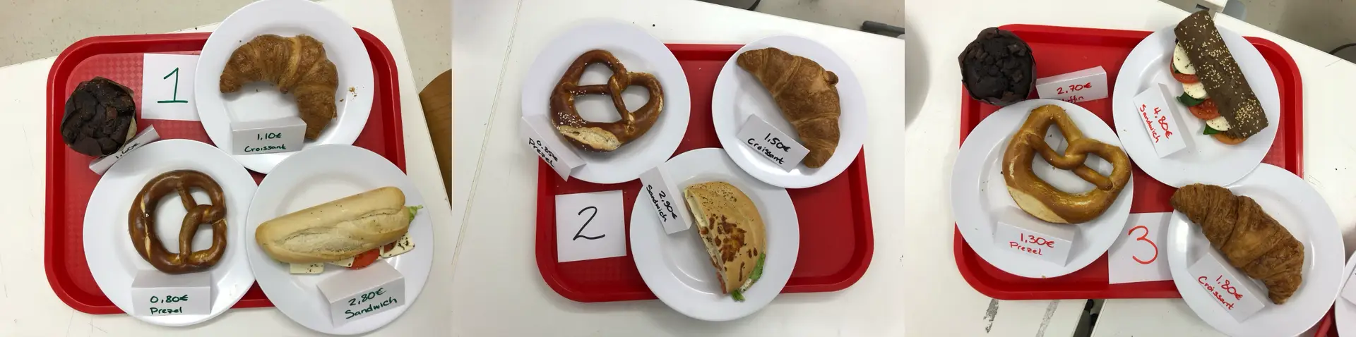 Three numbered trays from different cafés, each with a chocolate muffin, croissant, pretzel, and tomato mozzarella sandwich used in a blind taste test by students conducting a business survey.