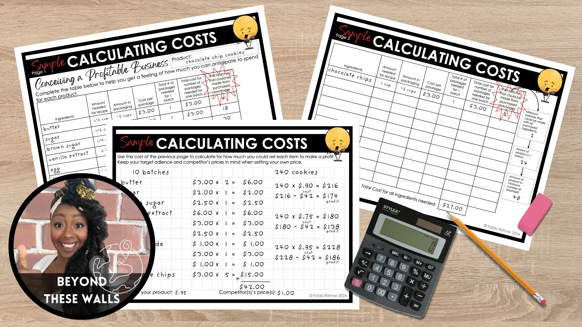 Calculating Costs worksheet for students to determine product expenses and pricing strategies for profit in a classroom business project.