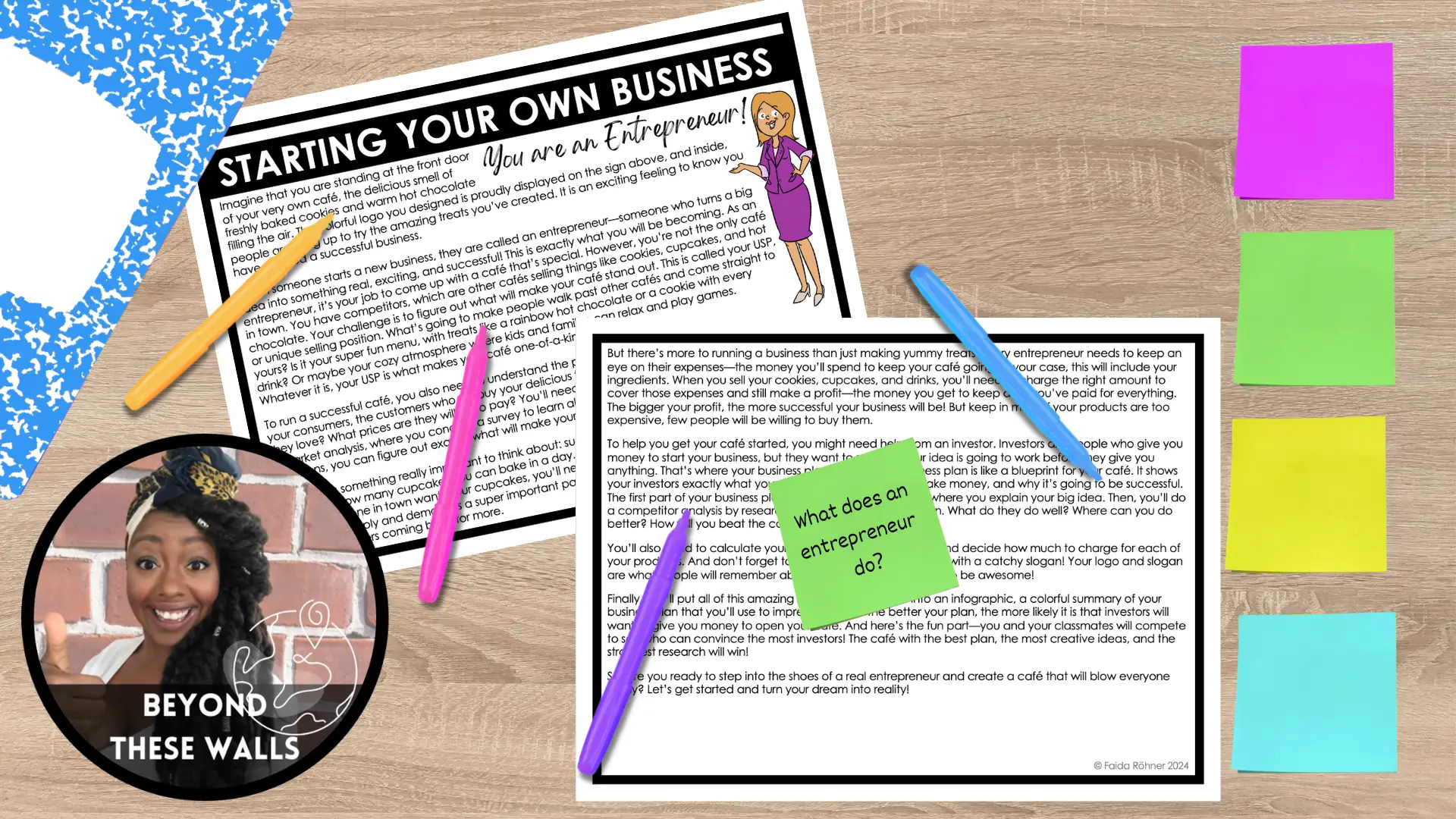A printed article about entrepreneurs designed for kids, highlighting key traits and skills needed for starting a business.