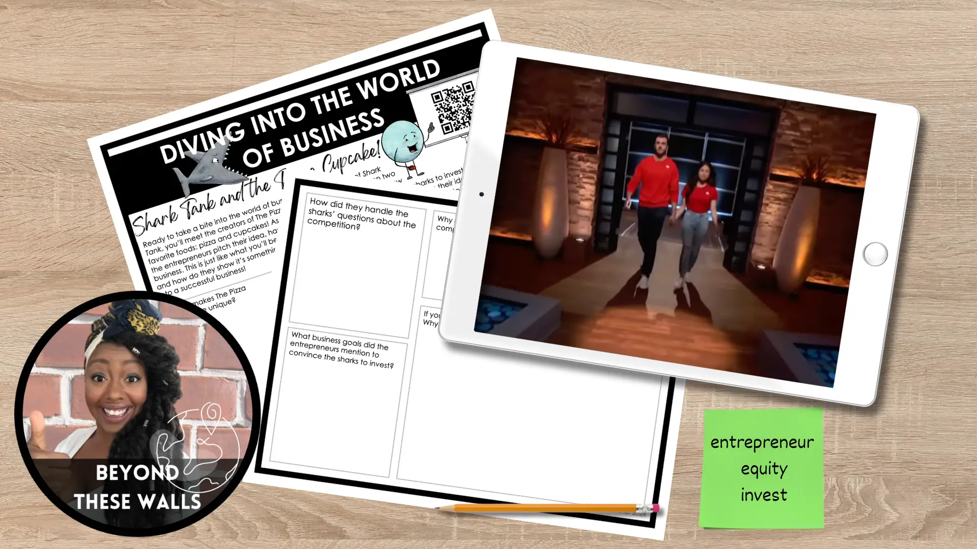 Worksheet pages introducing the unit that get students to watch a Shark Tank episode to inspire entrepreneurial thinking and prepare for creating their own business pitches.