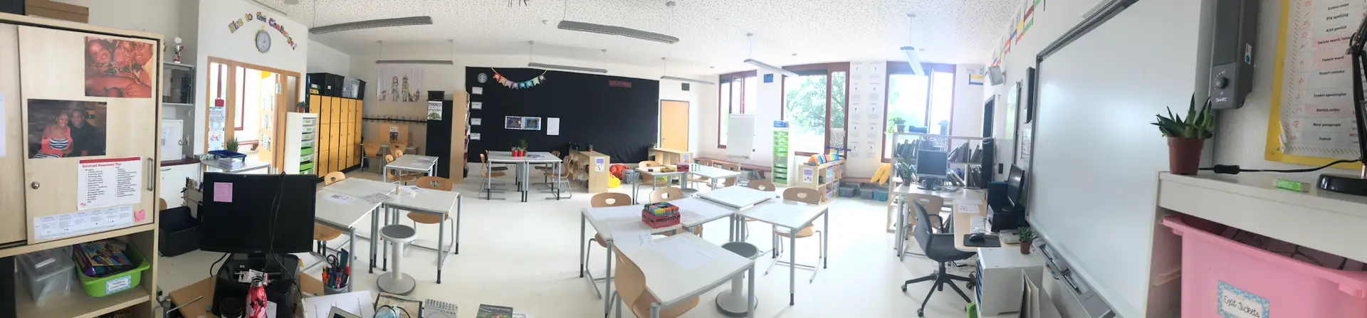 Panorama view of a calm, classroom ready space with flexible seating, independent work areas, and student-accessible supplies—perfect for teachers creating a back-to-school checklist.