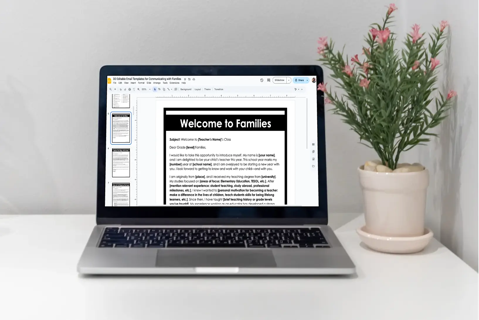 A laptop displaying a welcome email template from a teacher resource designed to save time and support the back-to-school teacher checklist. Helps teachers be first-day ready.