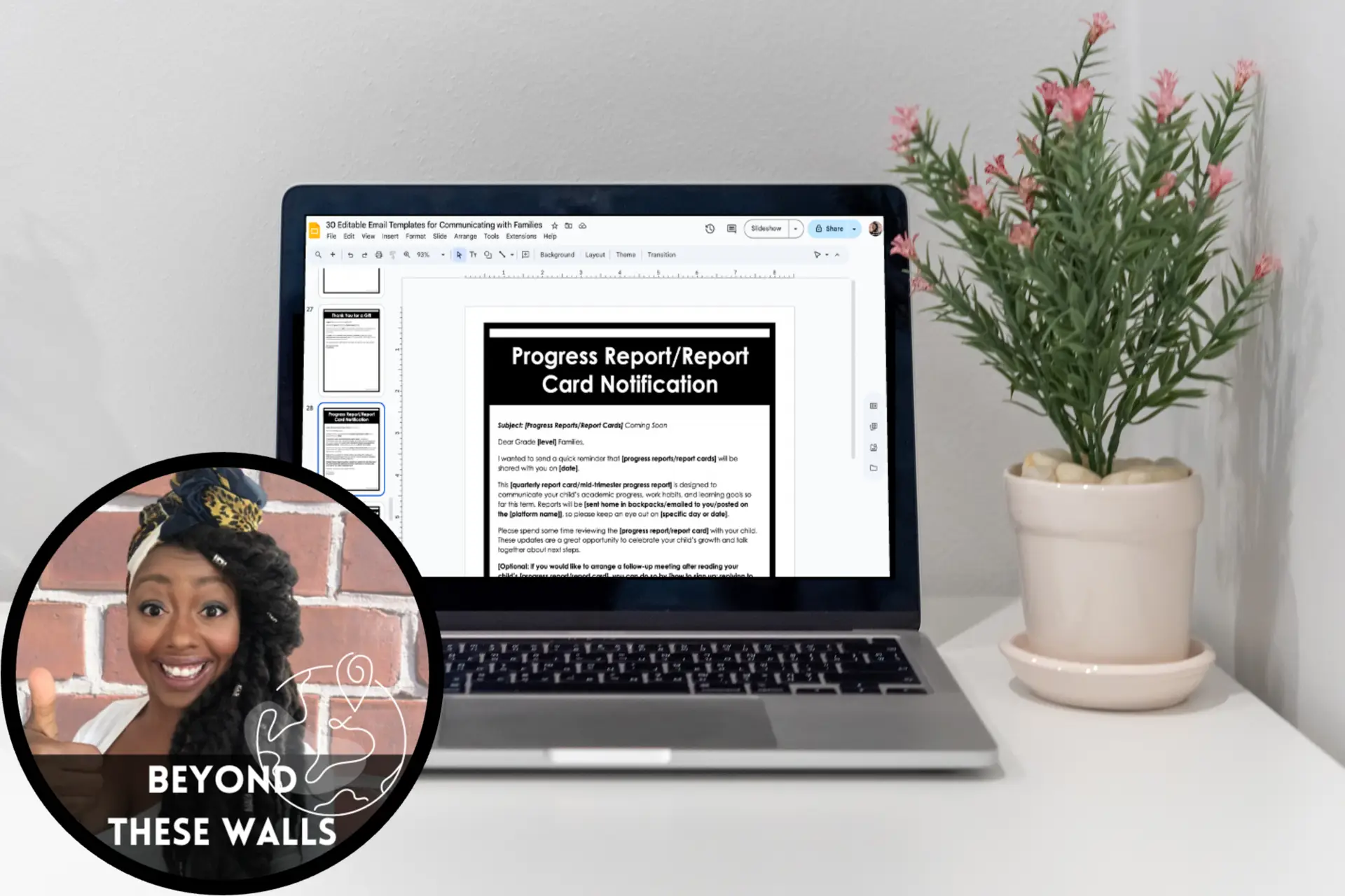 A laptop screen showing a progress report email template for teachers—an easy communication tool for teachers.